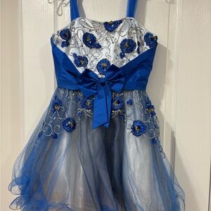 Blue and Silver Floral Embellished knee length Prom Dress